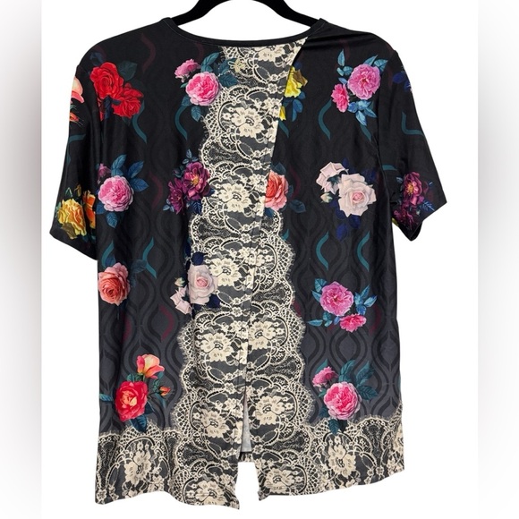 Johnny Was Active Black and Rose Lace Cross Back Tee Size Small - Picture 4 of 5